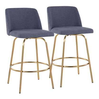 Blue Fabric, Gold Metal Toriano 26" Fixed-Height Counter Stool - Set of 2