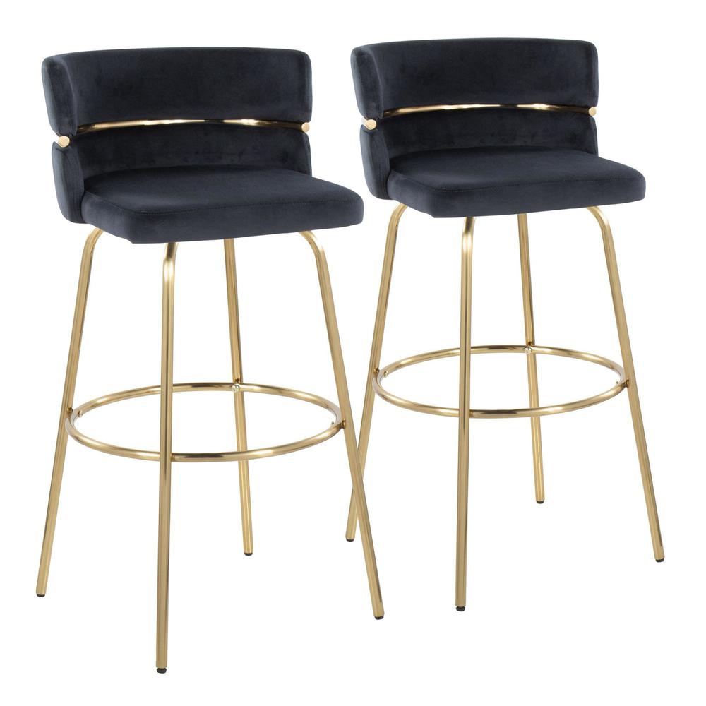 Gold Metal, Black Velvet Cinch Claire 30" Fixed-Height Barstool - Set of 2
