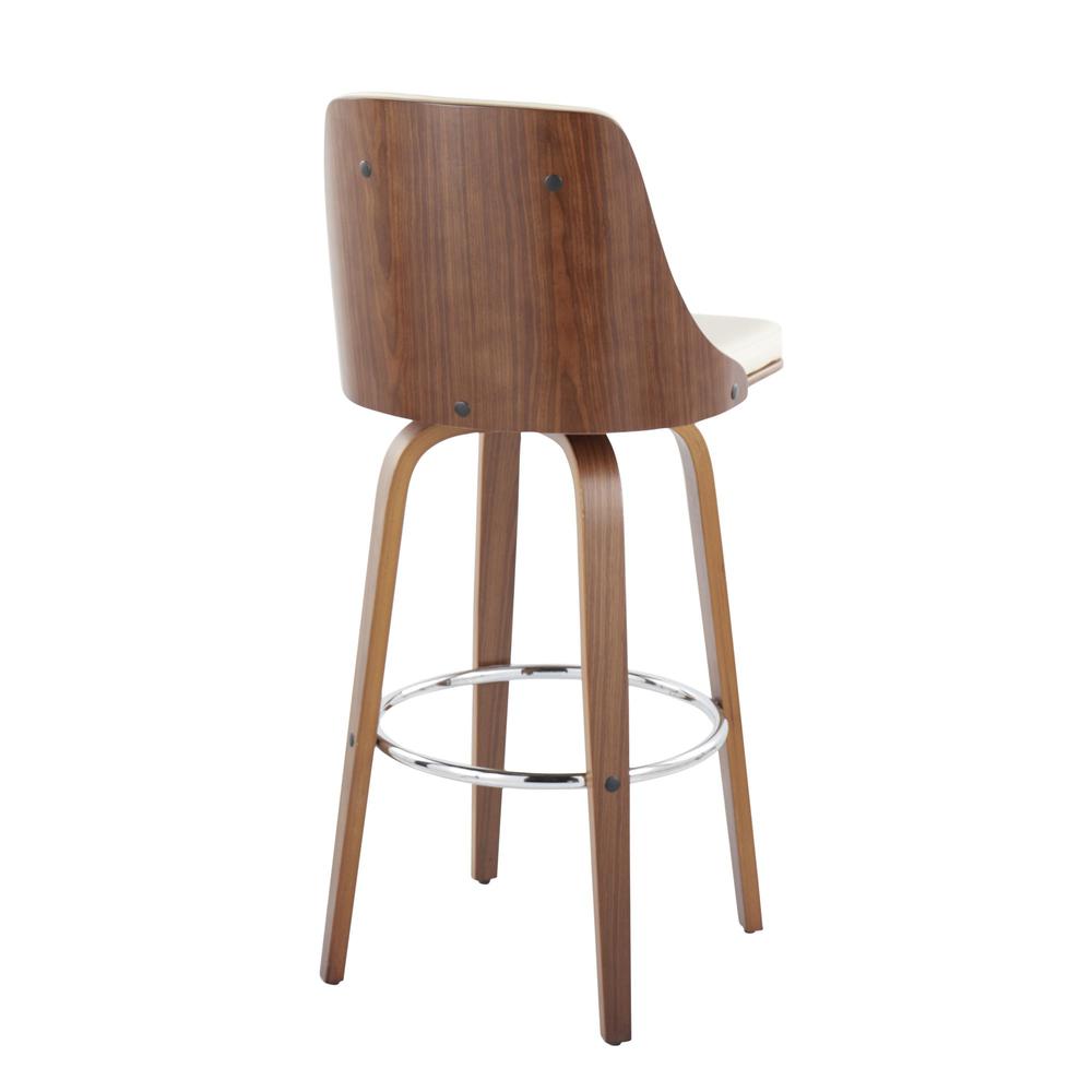 Walnut Wood, Chrome Metal, Cream PU Gianna Fixed-Height Barstool - Set of 2
