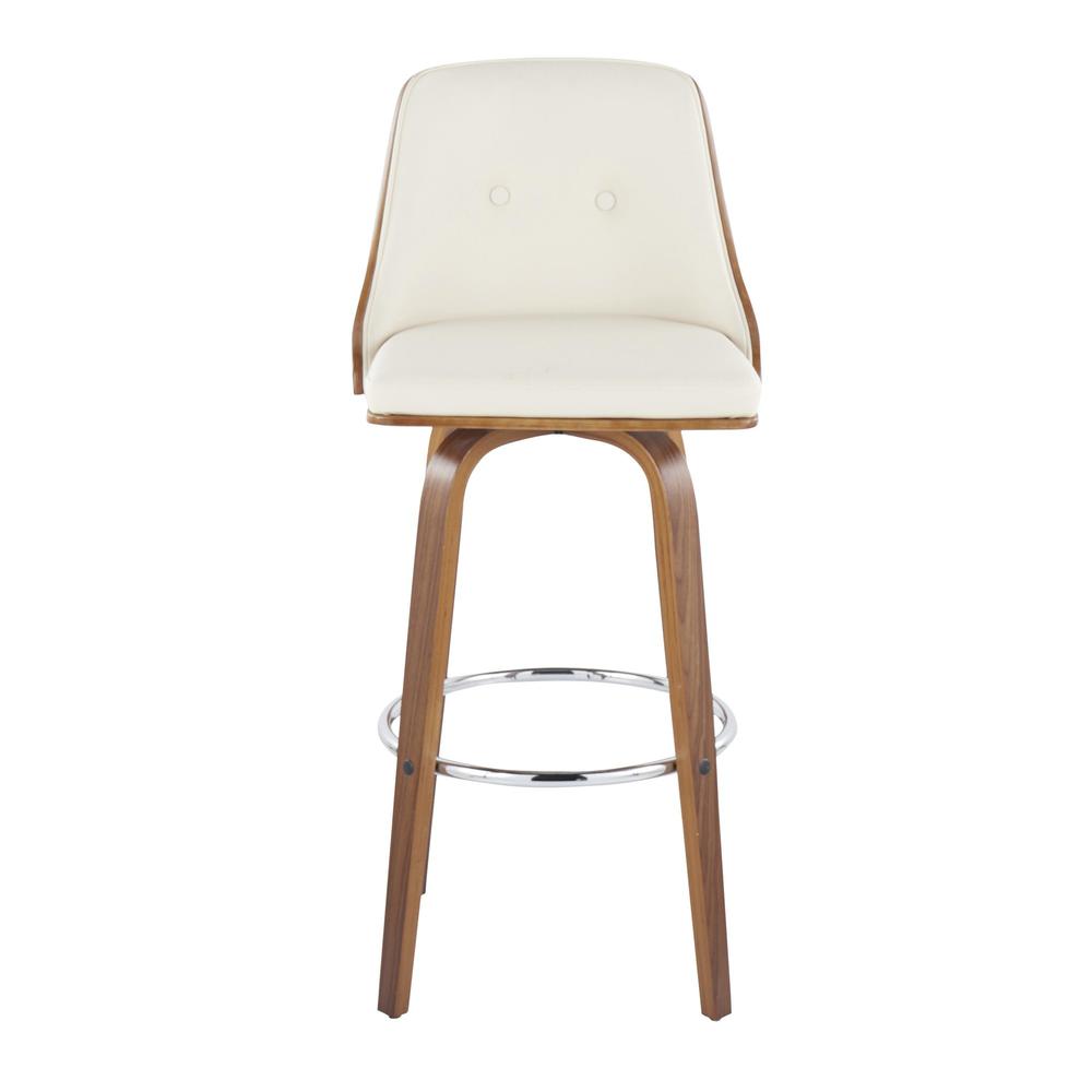 Walnut Wood, Chrome Metal, Cream PU Gianna Fixed-Height Barstool - Set of 2