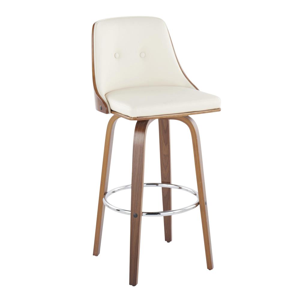 Walnut Wood, Chrome Metal, Cream PU Gianna Fixed-Height Barstool - Set of 2