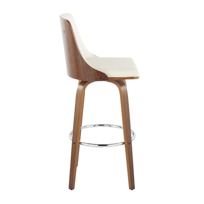 Walnut Wood, Chrome Metal, Cream PU Gianna Fixed-Height Barstool - Set of 2
