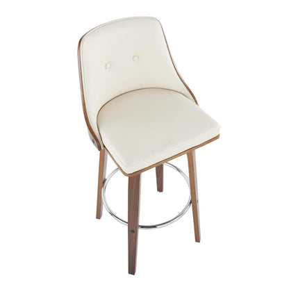 Walnut Wood, Chrome Metal, Cream PU Gianna Fixed-Height Barstool - Set of 2