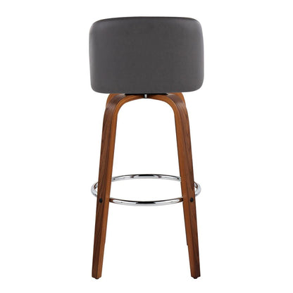 Walnut Wood, Grey PU, Chrome Metal Toriano 30" Fixed-Height Barstool - Set of 2
