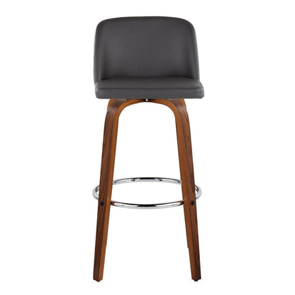 Walnut Wood, Grey PU, Chrome Metal Toriano 30" Fixed-Height Barstool - Set of 2