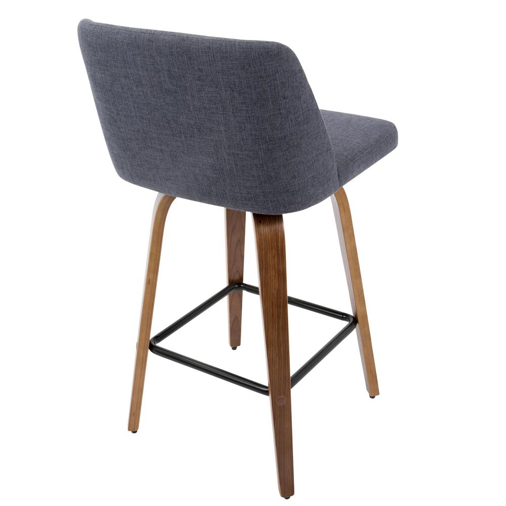 Toriano Mid-Century Modern Counter Stool in Walnut and Blue Fabric - Set of 2