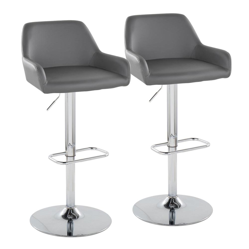 Chrome Metal, Grey PU Daniella Adjustable Barstool - Set of 2