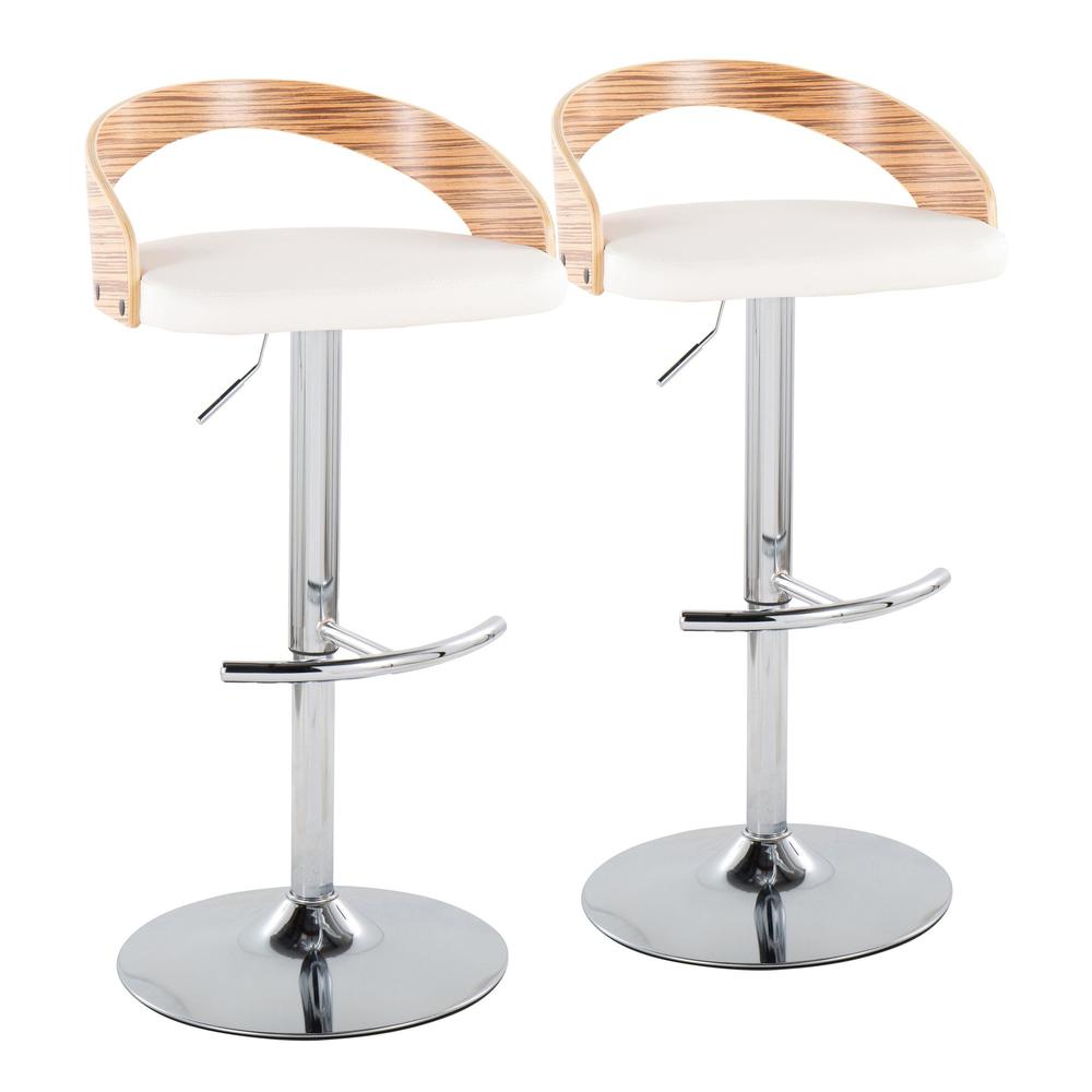 Chrome Metal, Zebra Wood, White PU Grotto Adjustable Barstool - Set of 2