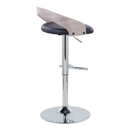Chrome Metal, Light Grey Wood, Black PU Grotto Adjustable Barstool - Set of 2