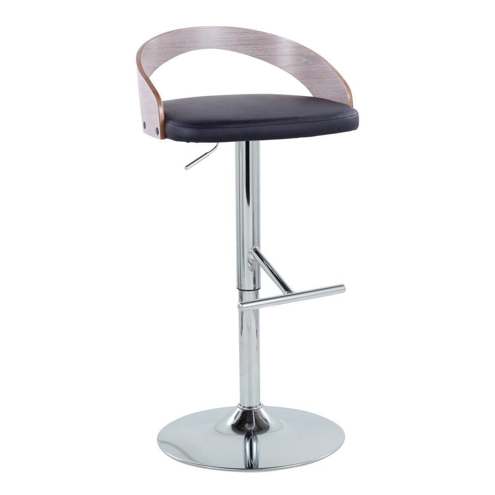 Chrome Metal, Light Grey Wood, Black PU Grotto Adjustable Barstool - Set of 2