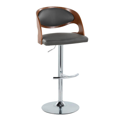 Chrome Metal, Walnut Wood, Grey PU Pino Adjustable Barstool - Set of 2