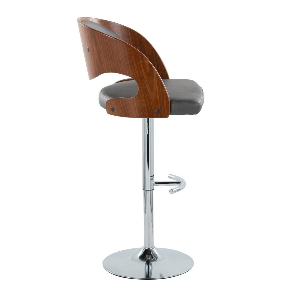 Chrome Metal, Walnut Wood, Grey PU Pino Adjustable Barstool - Set of 2