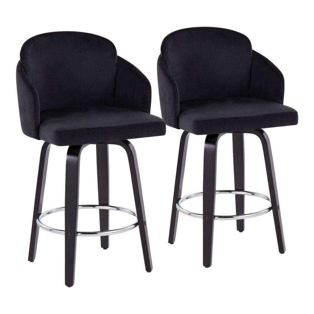 Black Wood, Black Velvet, Chrome, Gold Metal Dahlia Counter Stool - Set of 2