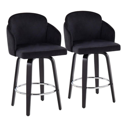 Black Wood, Black Velvet, Chrome, Gold Metal Dahlia Counter Stool - Set of 2