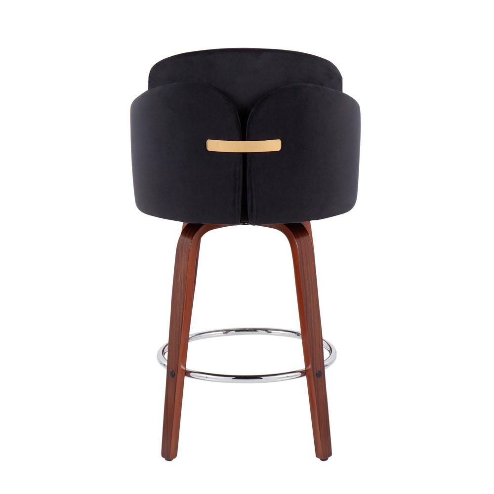 Walnut Wood, Black Velvet, Chrome, Gold Metal Dahlia Counter Stool - Set of 2