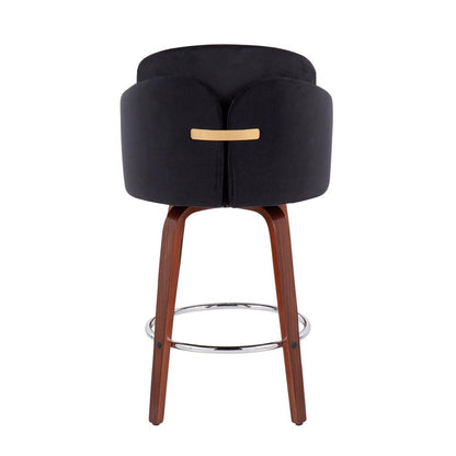 Walnut Wood, Black Velvet, Chrome, Gold Metal Dahlia Counter Stool - Set of 2