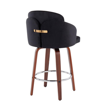 Walnut Wood, Black Velvet, Chrome, Gold Metal Dahlia Counter Stool - Set of 2