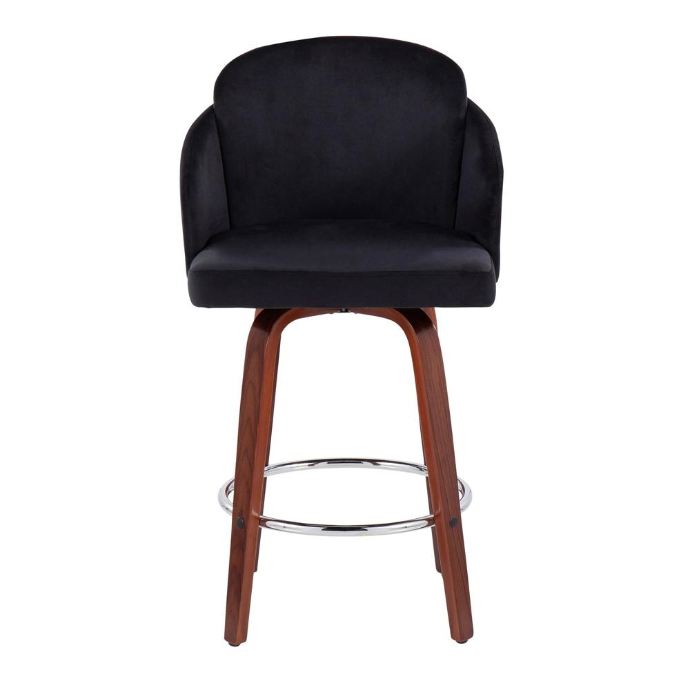 Walnut Wood, Black Velvet, Chrome, Gold Metal Dahlia Counter Stool - Set of 2