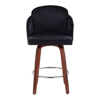 Walnut Wood, Black Velvet, Chrome, Gold Metal Dahlia Counter Stool - Set of 2