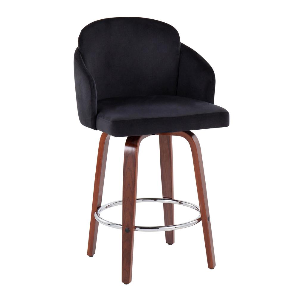 Walnut Wood, Black Velvet, Chrome, Gold Metal Dahlia Counter Stool - Set of 2