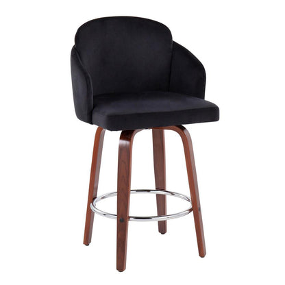 Walnut Wood, Black Velvet, Chrome, Gold Metal Dahlia Counter Stool - Set of 2