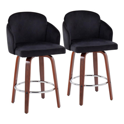 Walnut Wood, Black Velvet, Chrome, Gold Metal Dahlia Counter Stool - Set of 2