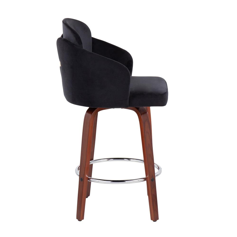 Walnut Wood, Black Velvet, Chrome, Gold Metal Dahlia Counter Stool - Set of 2