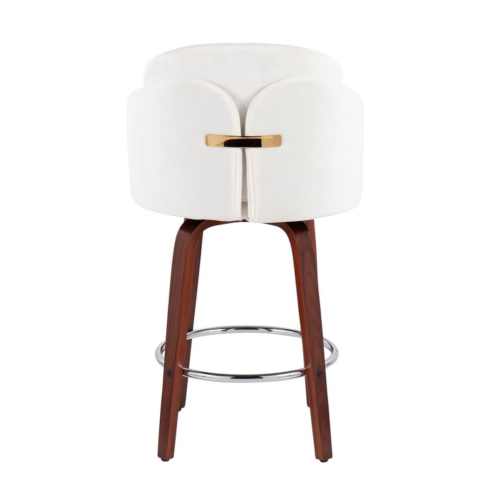 Walnut Wood, Cream Velvet, Chrome, Gold Metal Dahlia Counter Stool - Set of 2