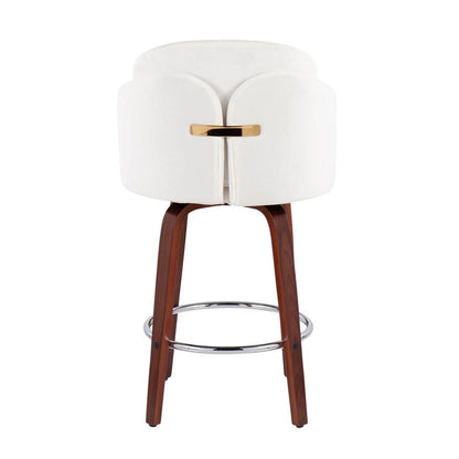 Walnut Wood, Cream Velvet, Chrome, Gold Metal Dahlia Counter Stool - Set of 2