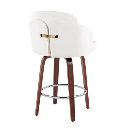 Walnut Wood, Cream Velvet, Chrome, Gold Metal Dahlia Counter Stool - Set of 2