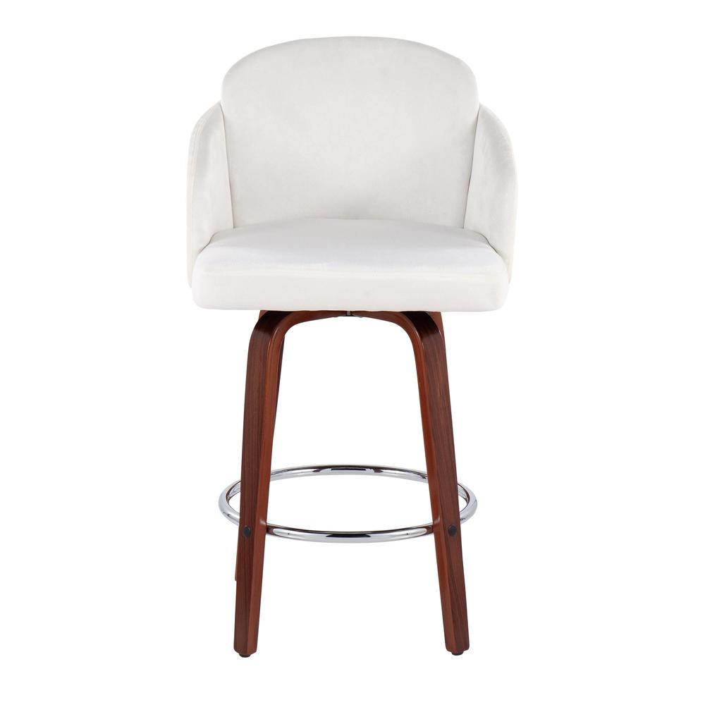 Walnut Wood, Cream Velvet, Chrome, Gold Metal Dahlia Counter Stool - Set of 2