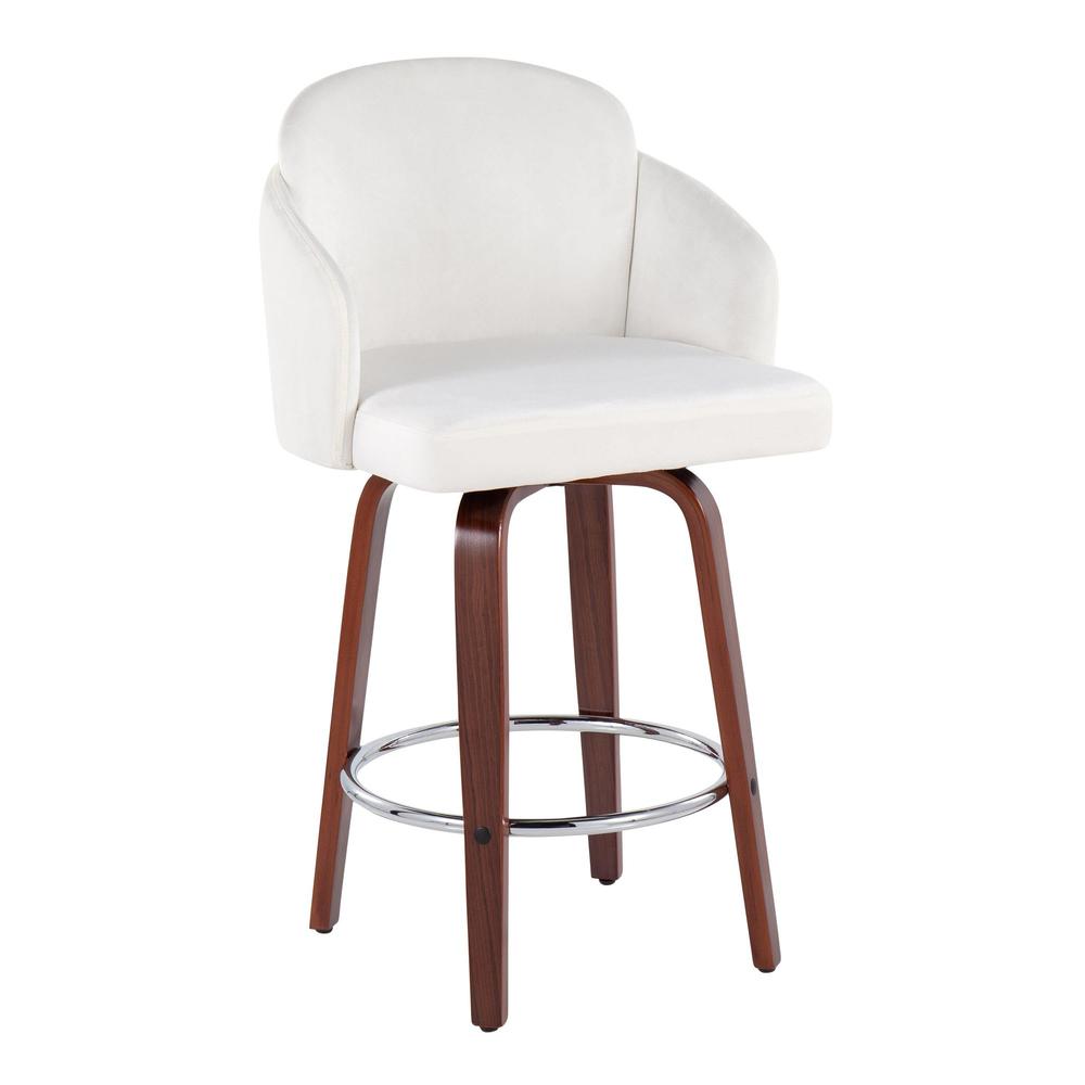 Walnut Wood, Cream Velvet, Chrome, Gold Metal Dahlia Counter Stool - Set of 2