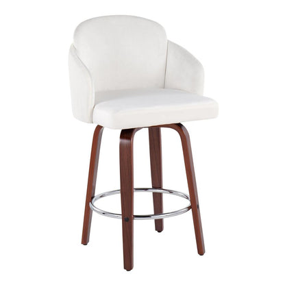 Walnut Wood, Cream Velvet, Chrome, Gold Metal Dahlia Counter Stool - Set of 2