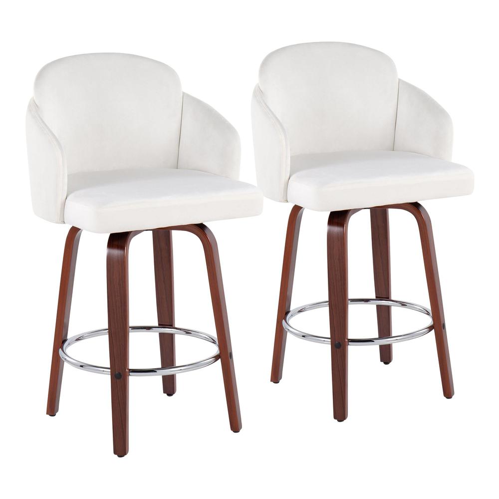 Walnut Wood, Cream Velvet, Chrome, Gold Metal Dahlia Counter Stool - Set of 2