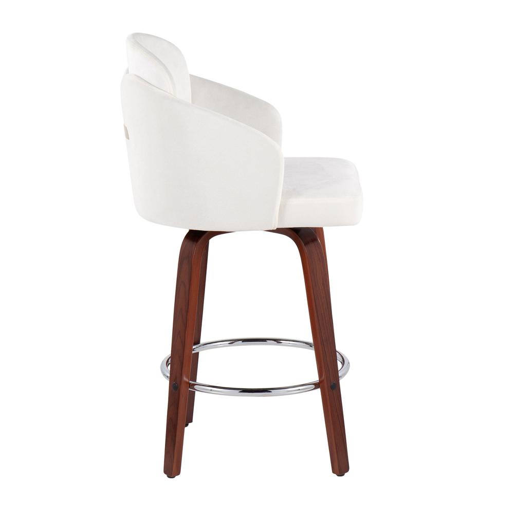 Walnut Wood, Cream Velvet, Chrome, Gold Metal Dahlia Counter Stool - Set of 2