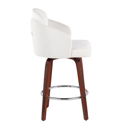 Walnut Wood, Cream Velvet, Chrome, Gold Metal Dahlia Counter Stool - Set of 2