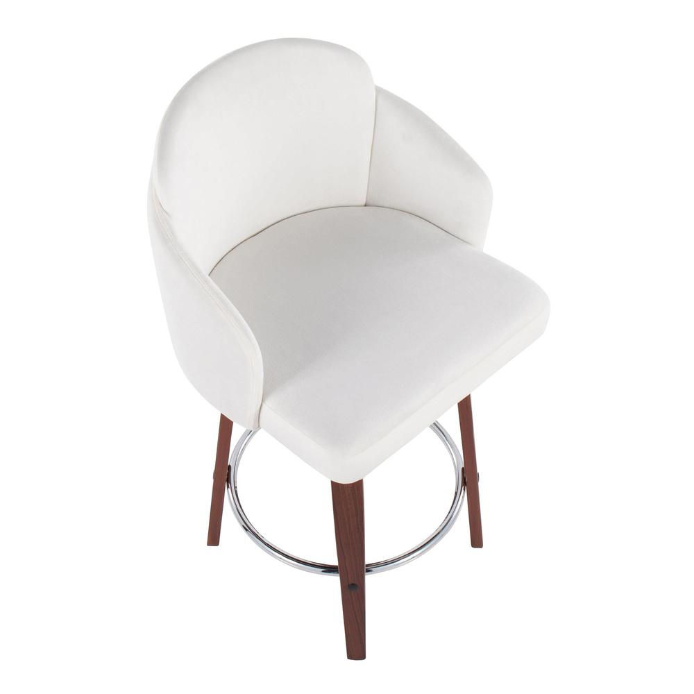 Walnut Wood, Cream Velvet, Chrome, Gold Metal Dahlia Counter Stool - Set of 2