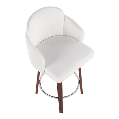 Walnut Wood, Cream Velvet, Chrome, Gold Metal Dahlia Counter Stool - Set of 2