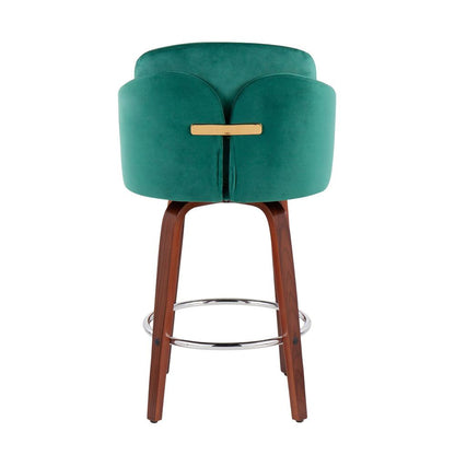 Walnut Wood, Green Velvet, Chrome, Gold Metal Dahlia Counter Stool - Set of 2