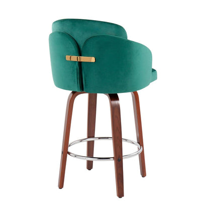 Walnut Wood, Green Velvet, Chrome, Gold Metal Dahlia Counter Stool - Set of 2