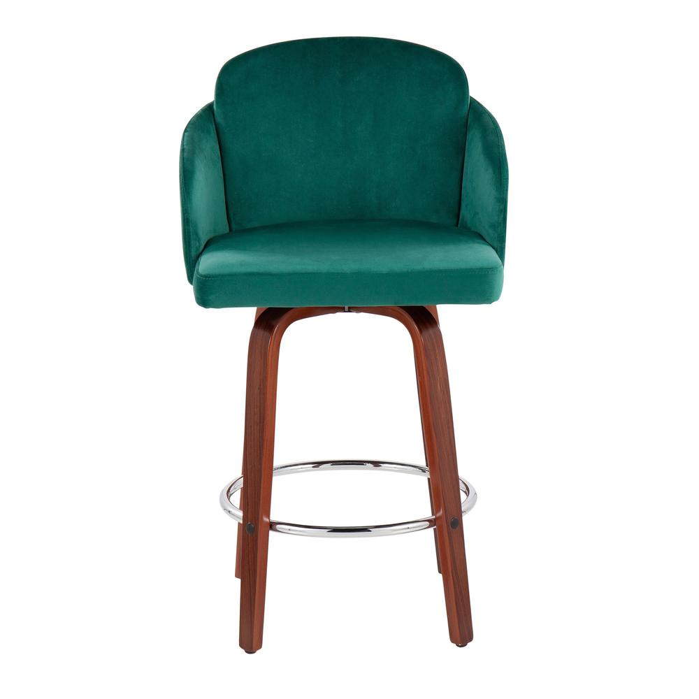 Walnut Wood, Green Velvet, Chrome, Gold Metal Dahlia Counter Stool - Set of 2