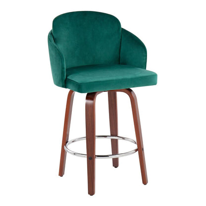 Walnut Wood, Green Velvet, Chrome, Gold Metal Dahlia Counter Stool - Set of 2