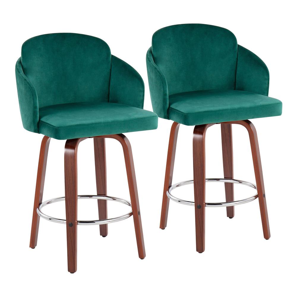Walnut Wood, Green Velvet, Chrome, Gold Metal Dahlia Counter Stool - Set of 2
