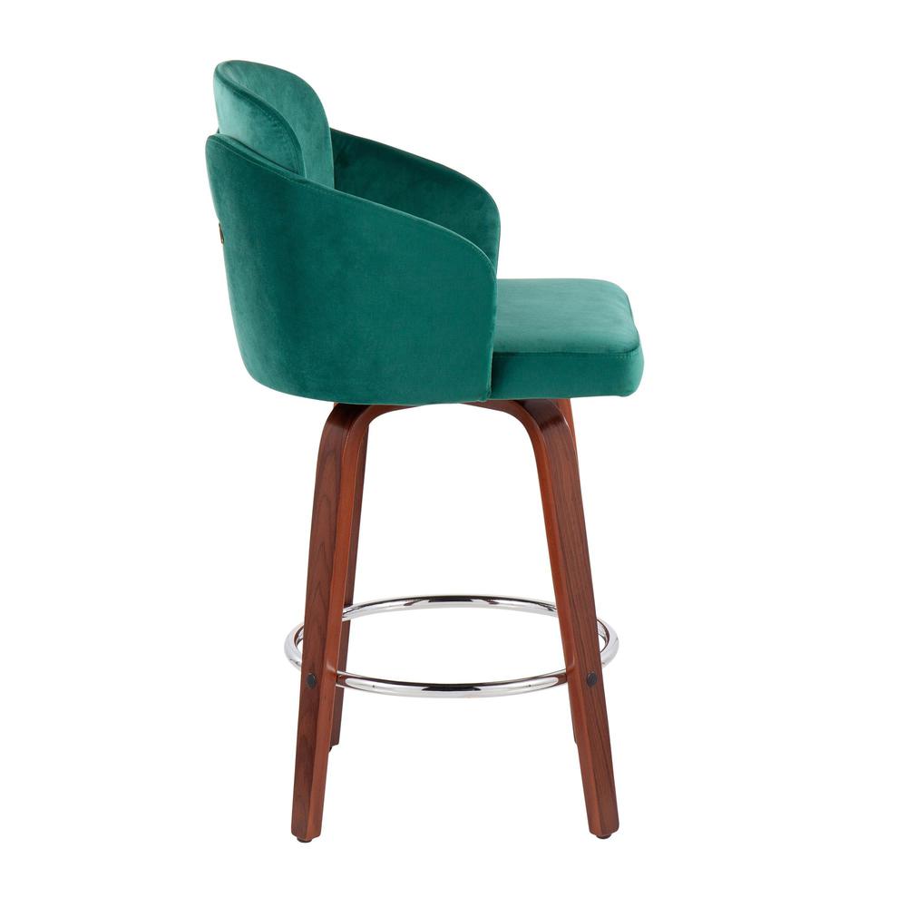 Walnut Wood, Green Velvet, Chrome, Gold Metal Dahlia Counter Stool - Set of 2