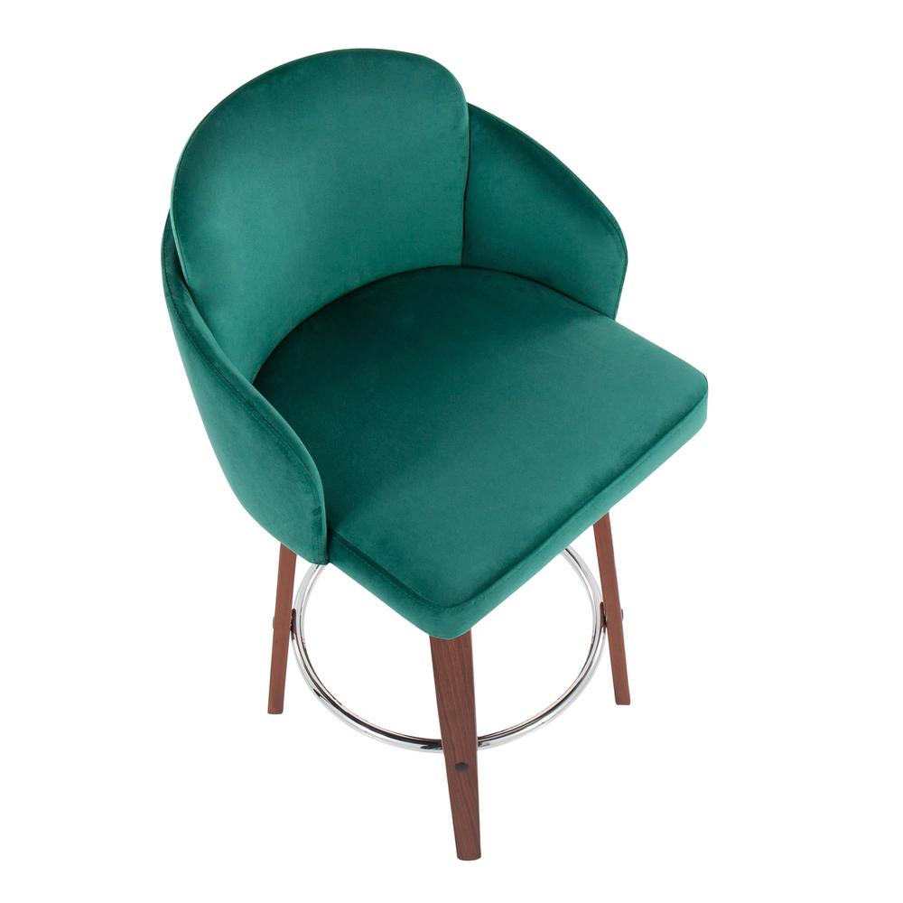 Walnut Wood, Green Velvet, Chrome, Gold Metal Dahlia Counter Stool - Set of 2