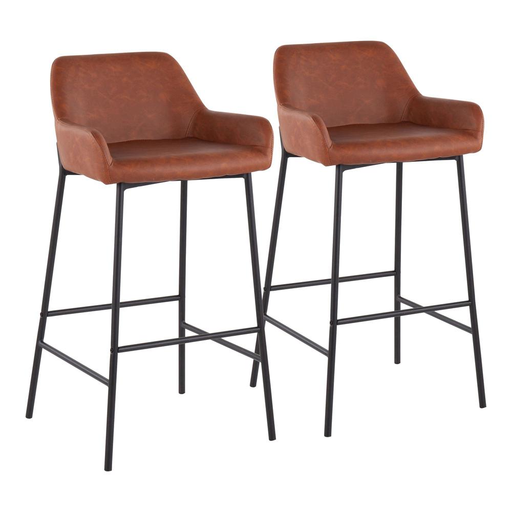 Black Metal, Camel PU Daniella Fixed-Height Bar Stool - Set of 2