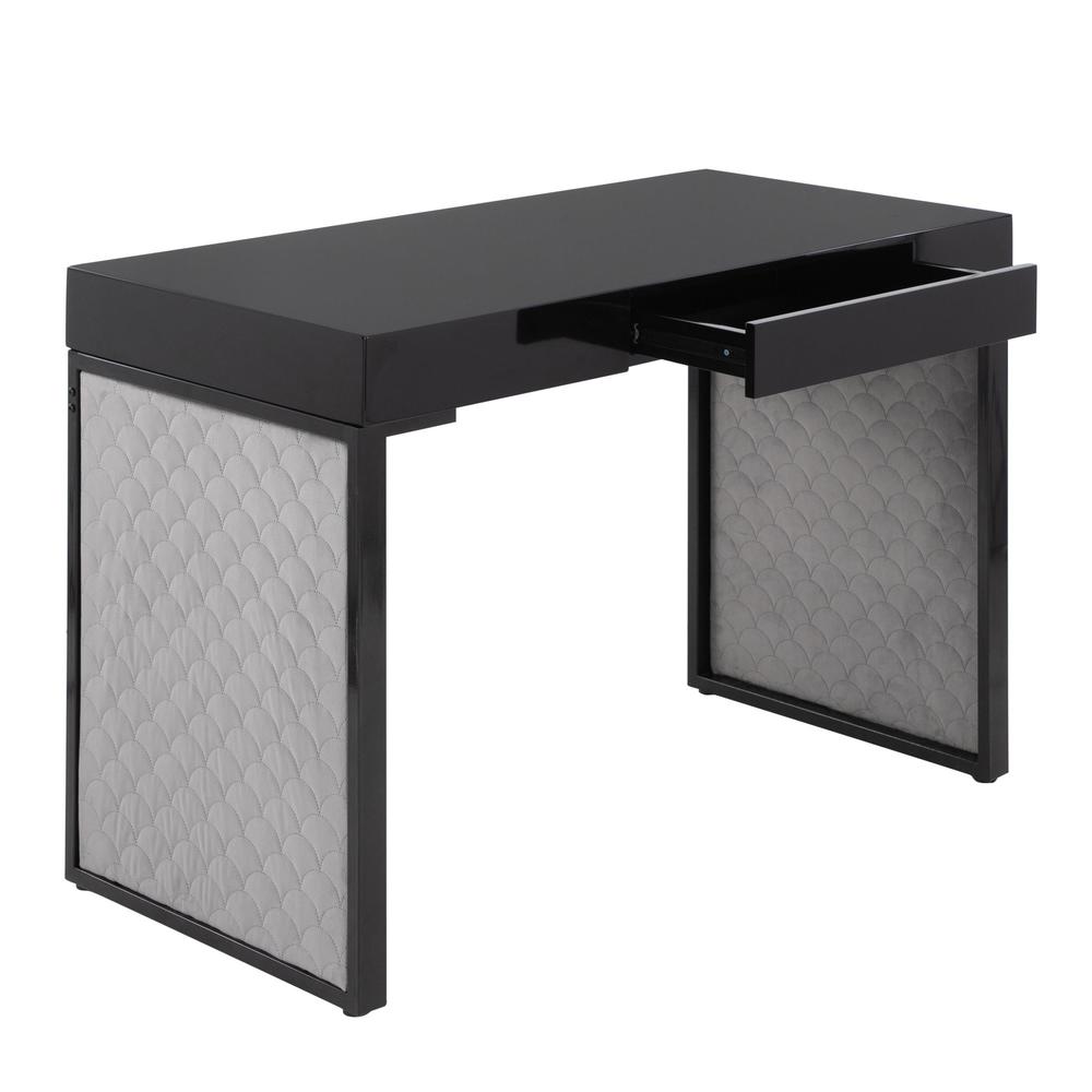 Black Steel, Black MDF, Silver Velvet Drift Upholstered Desk