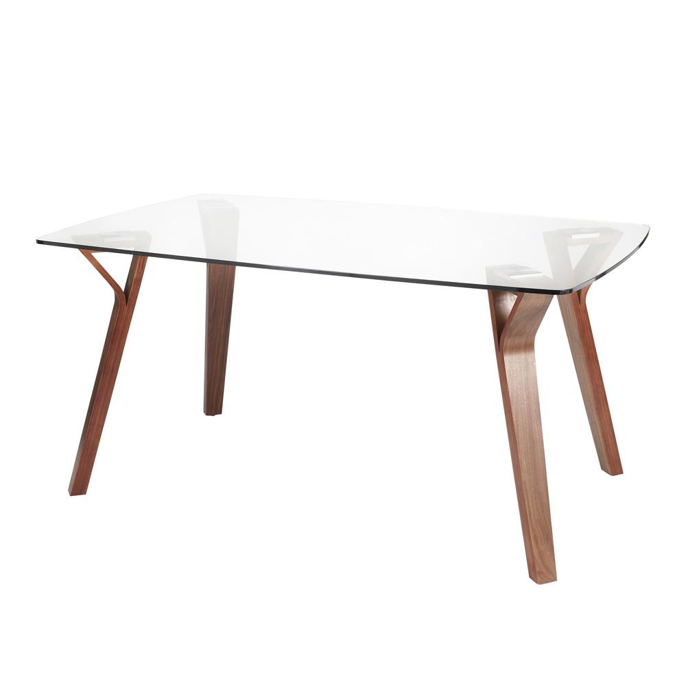 Folia Mid-Century Modern Dining Table in Walnut Wood with Clear Tempered Glass