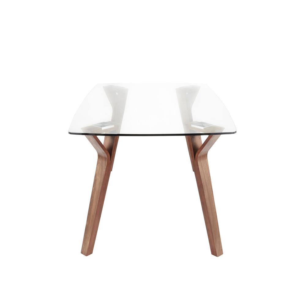 Folia Mid-Century Modern Dining Table in Walnut Wood with Clear Tempered Glass