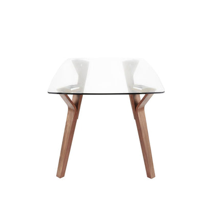Folia Mid-Century Modern Dining Table in Walnut Wood with Clear Tempered Glass
